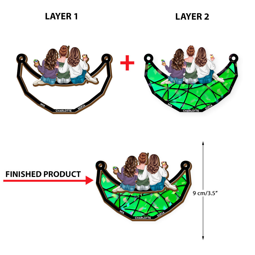 Together Team Sitting on the Moon Custom Hologram Ornament. A Personalized moon ornament showcasing togetherness.