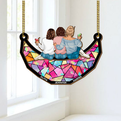 Together Team Sitting on the Moon Custom Hologram Ornament. A Personalized moon ornament showcasing togetherness.