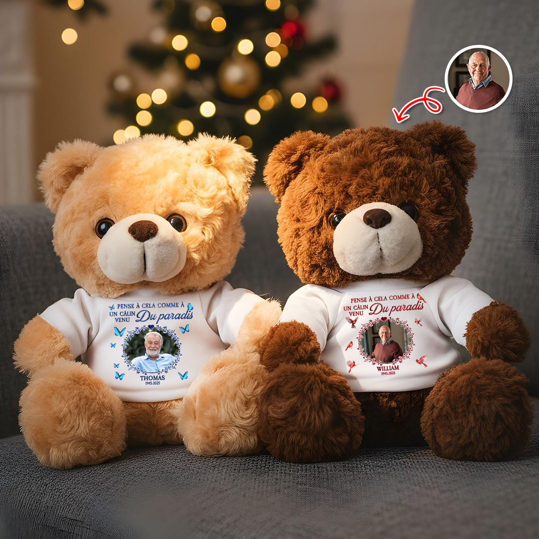 Personalized Teddy Bear Plush: "Un Câlin Venu du Paradis" custom gift.