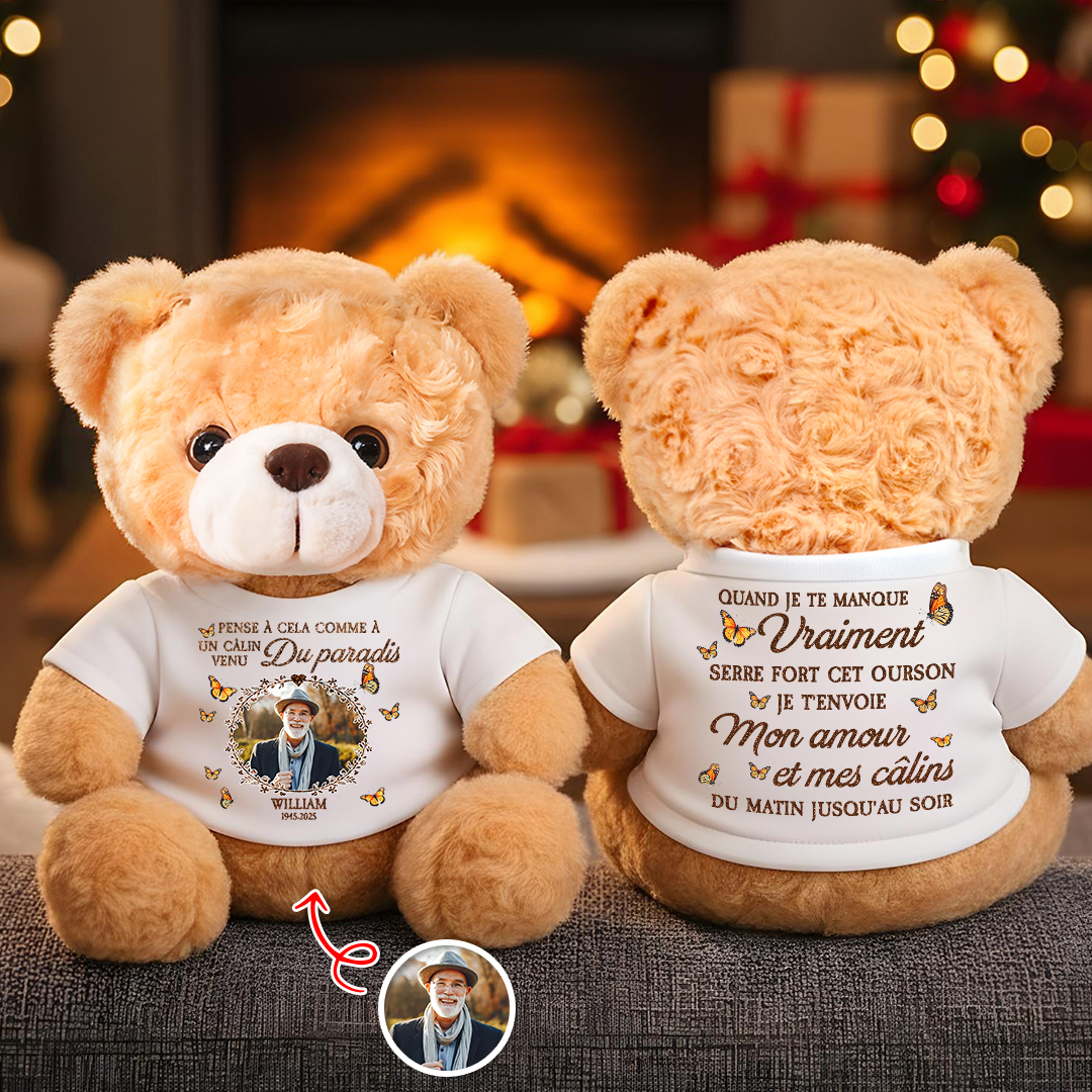 Personalized Teddy Bear Plush: "Un Câlin Venu du Paradis" custom gift.
