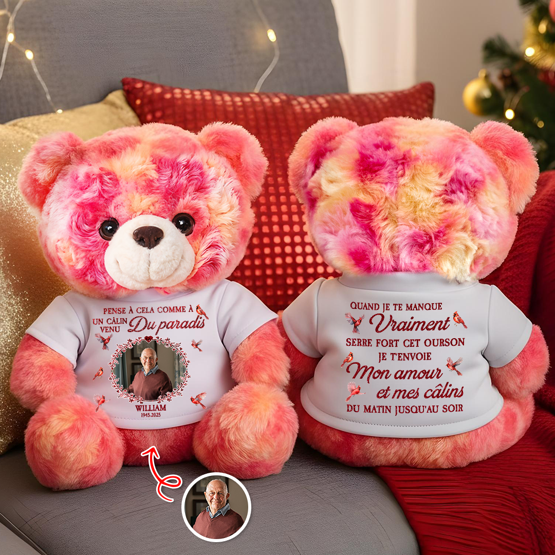 Personalized Teddy Bear Plush: "Un Câlin Venu du Paradis" custom gift.