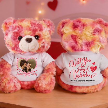 Personalized Valentine's Day Teddy Bear holding a heart with "I Love You" on it. Custom plush bear.