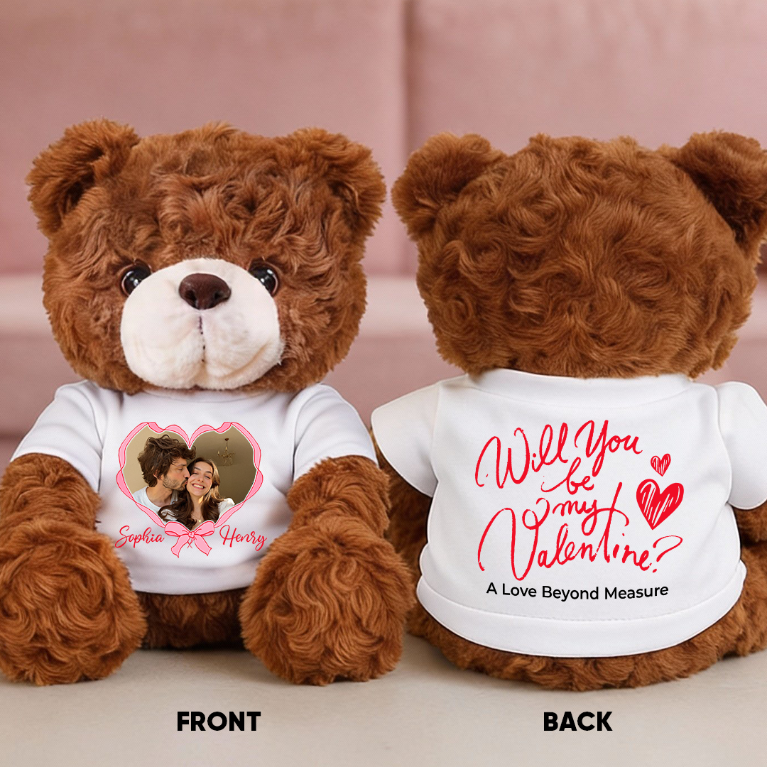 Personalized Valentine's Day Teddy Bear holding a heart with "I Love You" on it. Custom plush bear.
