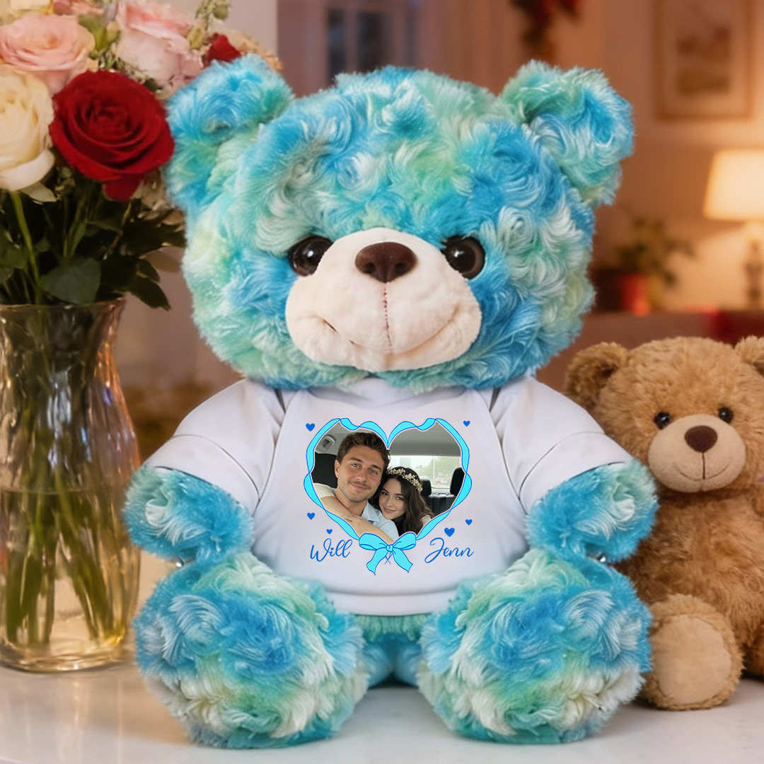 Personalized Valentine's Day Teddy Bear holding a heart with "I Love You" on it. Custom plush bear.