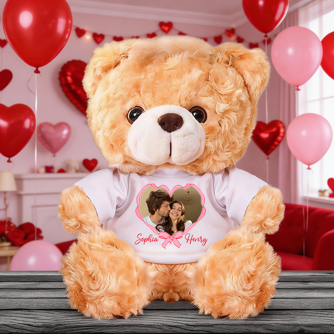 Personalized Valentine's Day Teddy Bear holding a heart with "I Love You" on it. Custom plush bear.