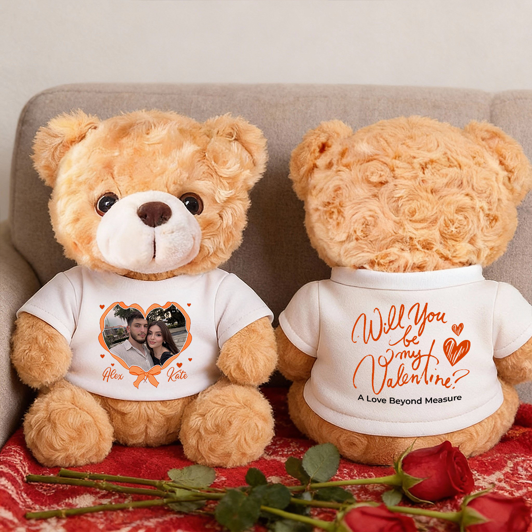 Personalized Valentine's Day Teddy Bear holding a heart with "I Love You" on it. Custom plush bear.