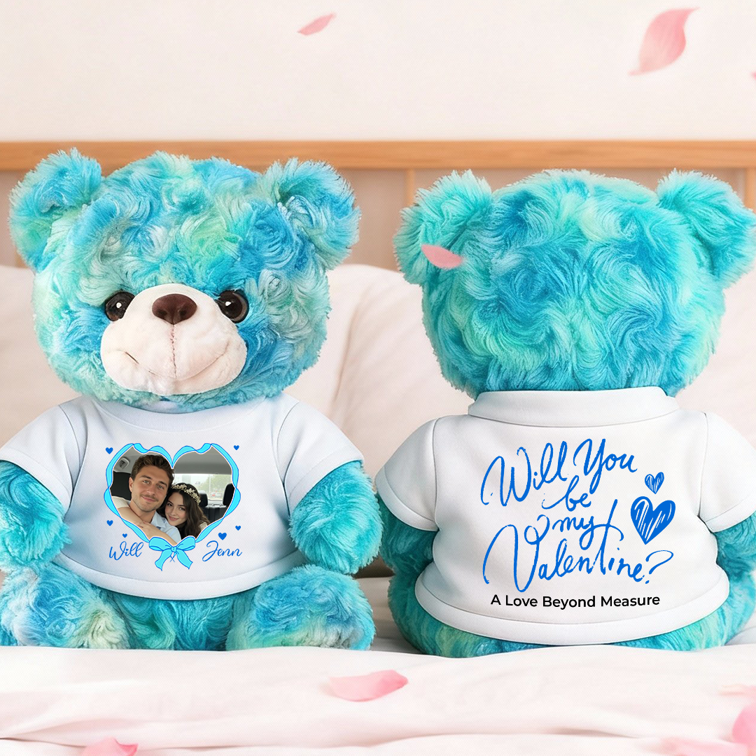 Personalized Valentine's Day Teddy Bear holding a heart with "I Love You" on it. Custom plush bear.