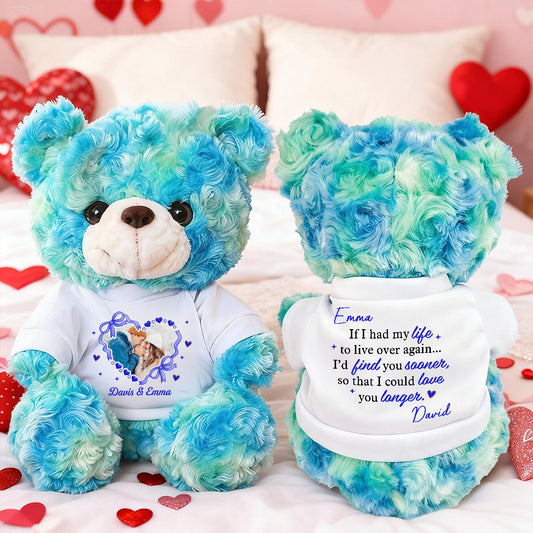 Personalized Valentine's Day Teddy Bear with "Love You Longer" message. Custom plush bear gift.
