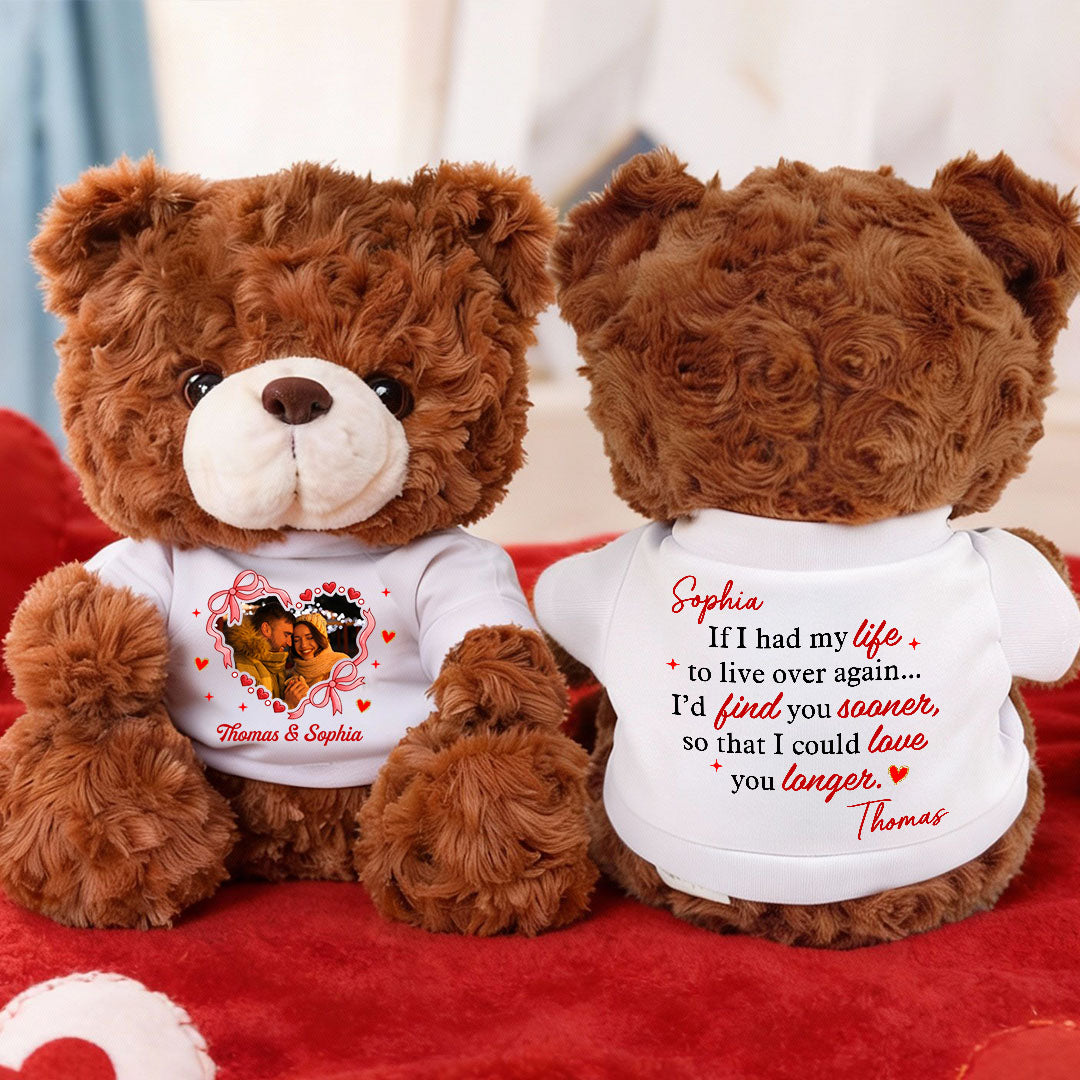 Personalized Valentine's Day Teddy Bear with "Love You Longer" message. Custom plush bear gift.
