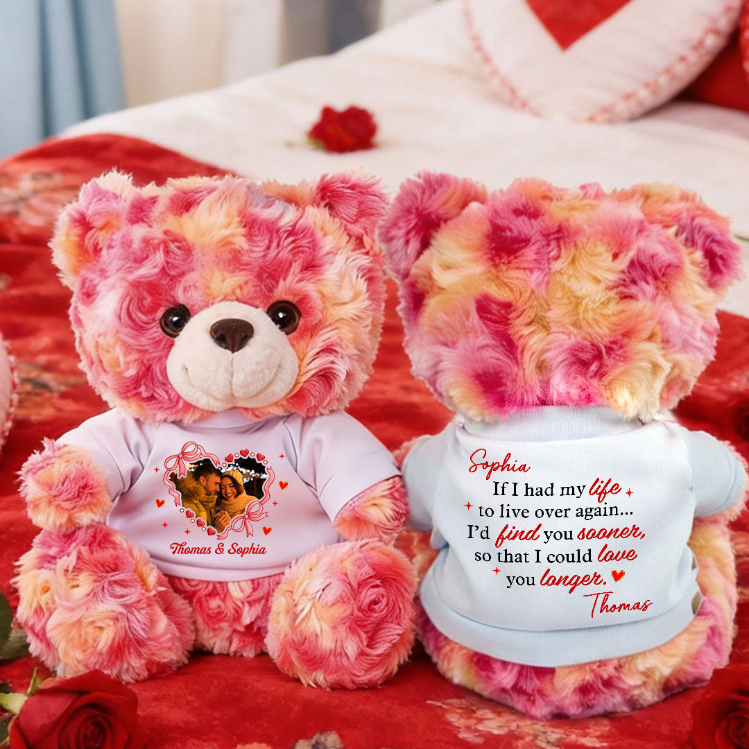 Personalized Valentine's Day Teddy Bear with "Love You Longer" message. Custom plush bear gift.
