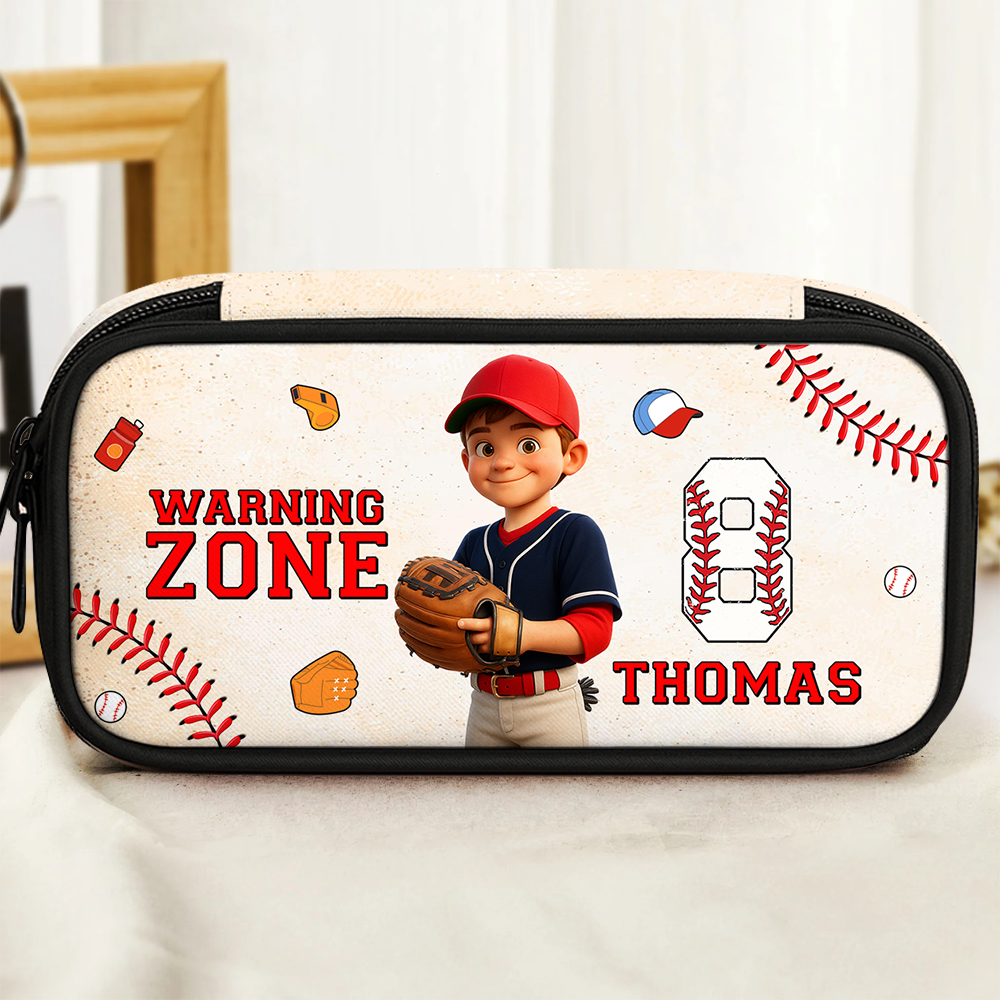 Personalized "Warning Zone" pencil case with custom name on a black and yellow striped background.