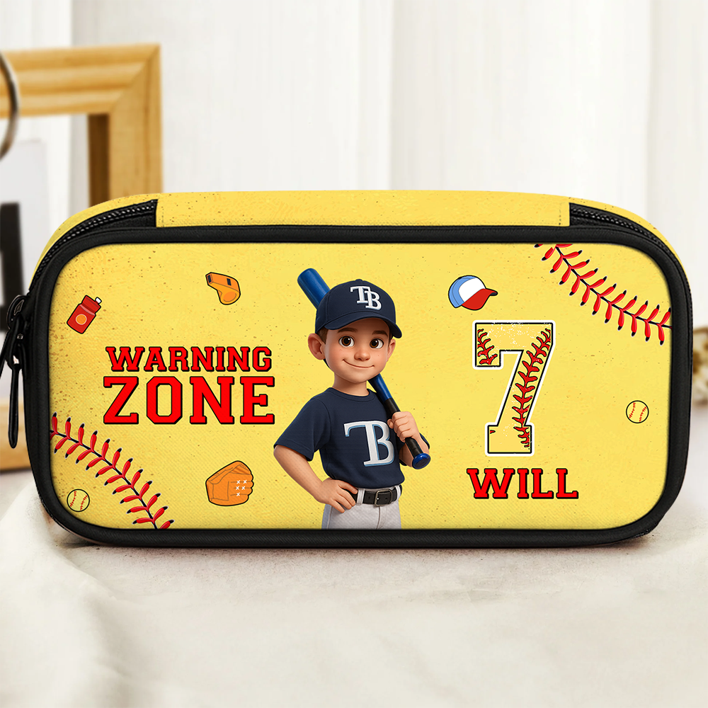 Personalized "Warning Zone" pencil case with custom name on a black and yellow striped background.