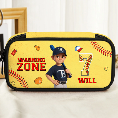 Personalized "Warning Zone" pencil case with custom name on a black and yellow striped background.