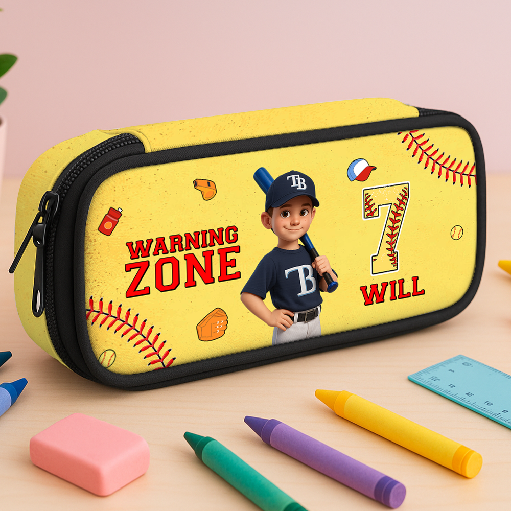 Personalized "Warning Zone" pencil case with custom name on a black and yellow striped background.