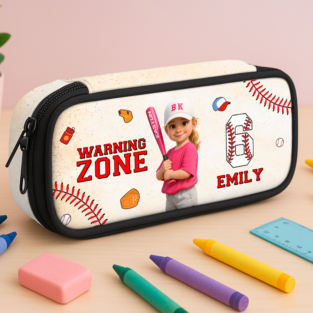 Personalized "Warning Zone" pencil case with custom name on a black and yellow striped background.