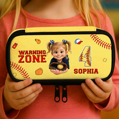 Personalized "Warning Zone" pencil case with custom name on a black and yellow striped background.