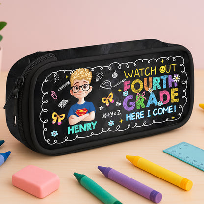 Personalized pencil case with "Watch Out Class I Am Ready" design for back to school.