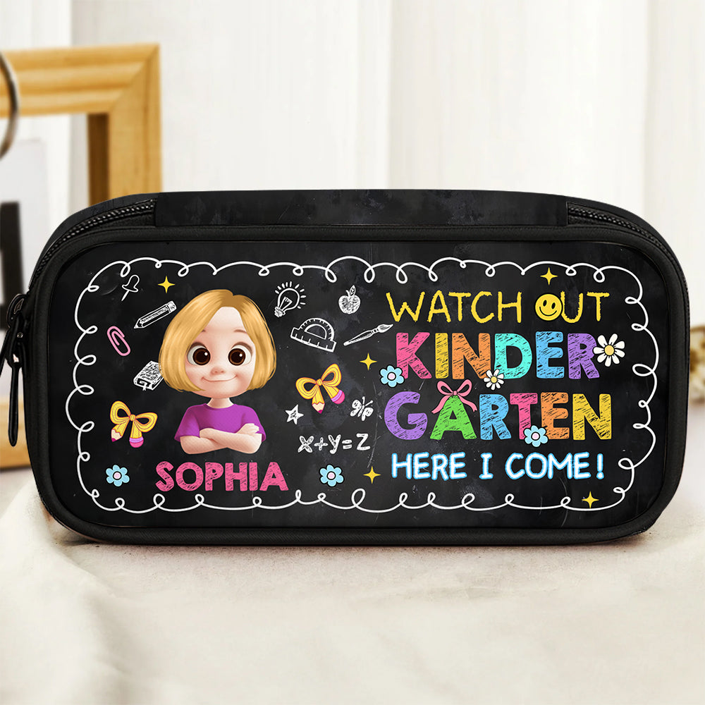 Personalized pencil case with "Watch Out Class I Am Ready" design for back to school.