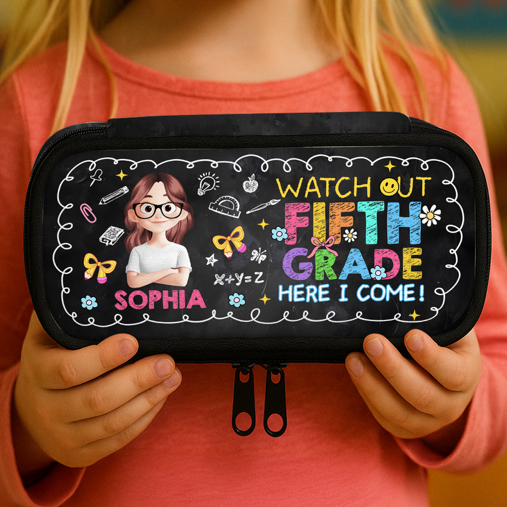 Personalized pencil case with "Watch Out Class I Am Ready" design for back to school.