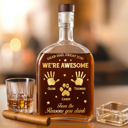 Personalized "We Are Awesome" custom whiskey bottle for family, an engraved gift.