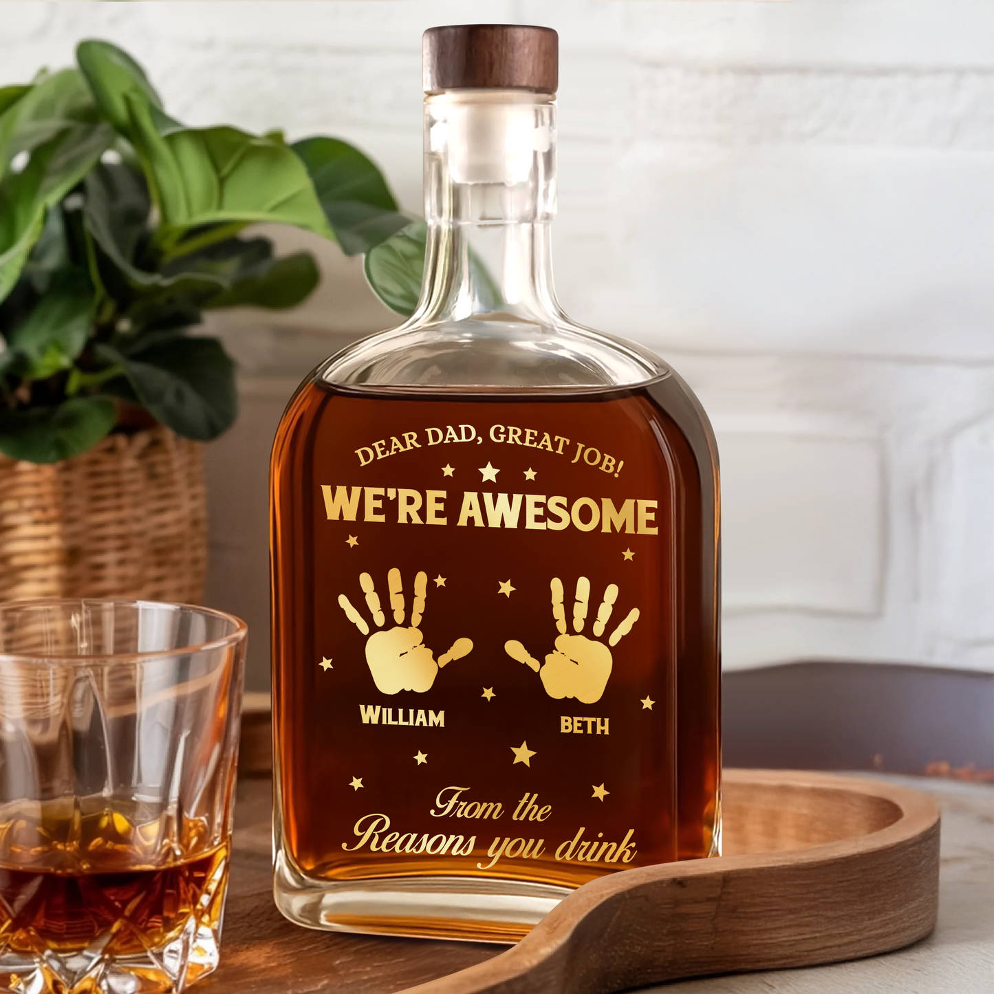 Personalized "We Are Awesome" custom whiskey bottle for family, an engraved gift.