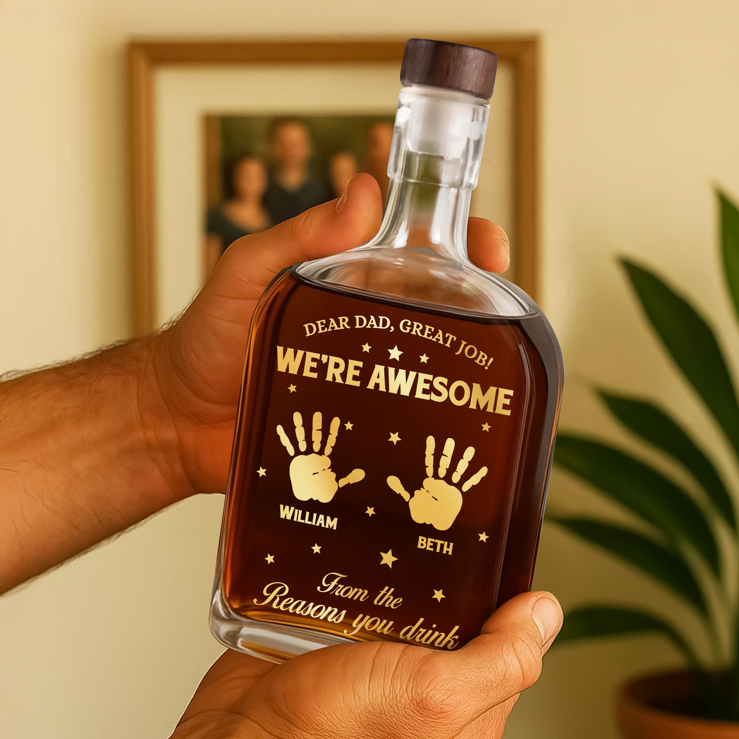 Personalized "We Are Awesome" custom whiskey bottle for family, an engraved gift.