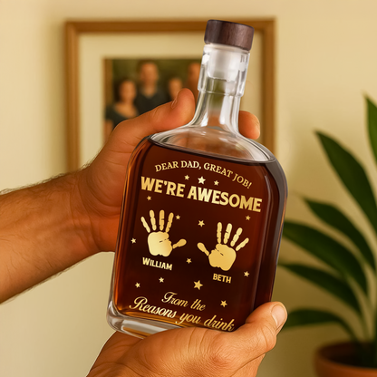 Personalized "We Are Awesome" custom whiskey bottle for family, an engraved gift.
