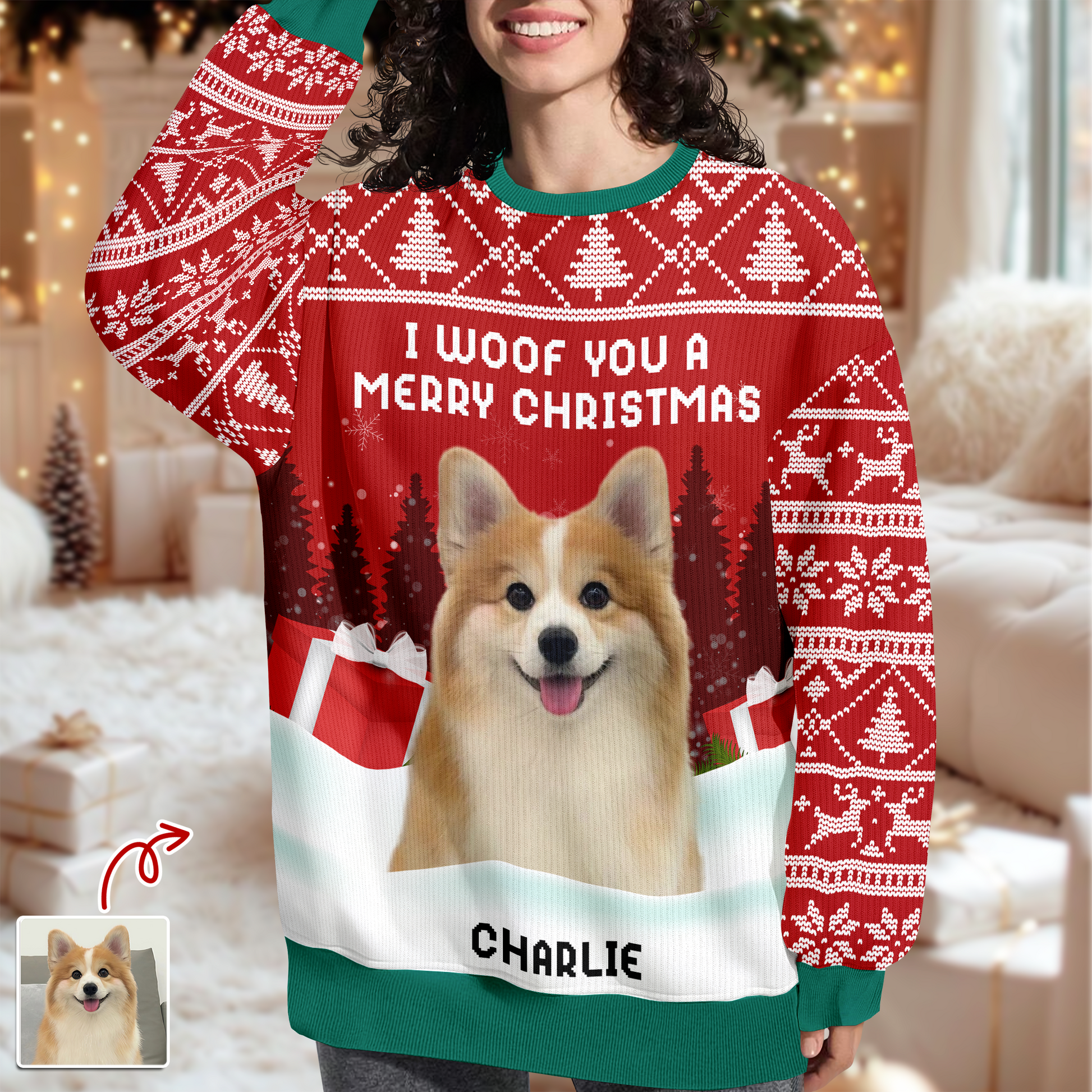 We Woof You Ugly Christmas Sweatshirt featuring a cute dog design, perfect for the holidays.