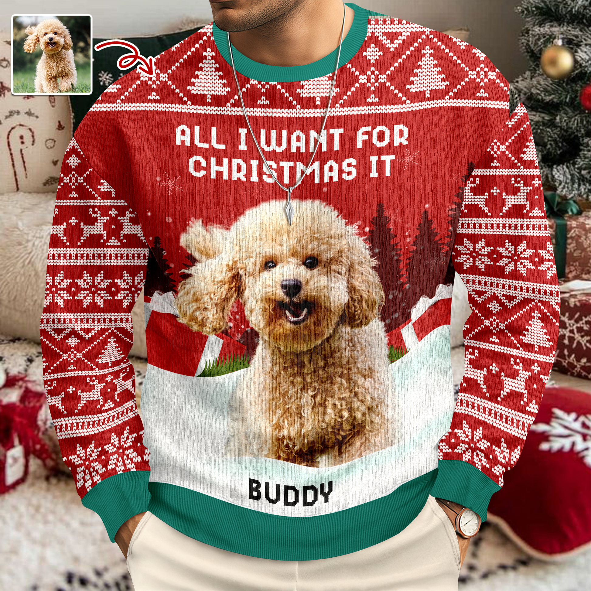 We Woof You Ugly Christmas Sweatshirt featuring a cute dog design, perfect for the holidays.