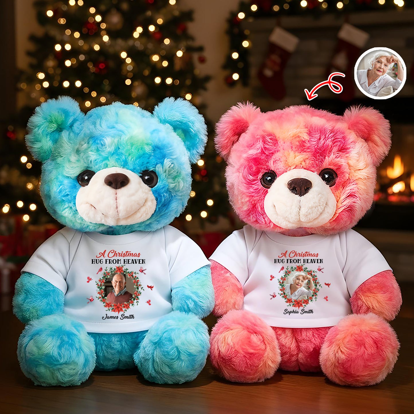 Personalized memorial teddy bear with custom name and "When You're Feeling Blue" message.