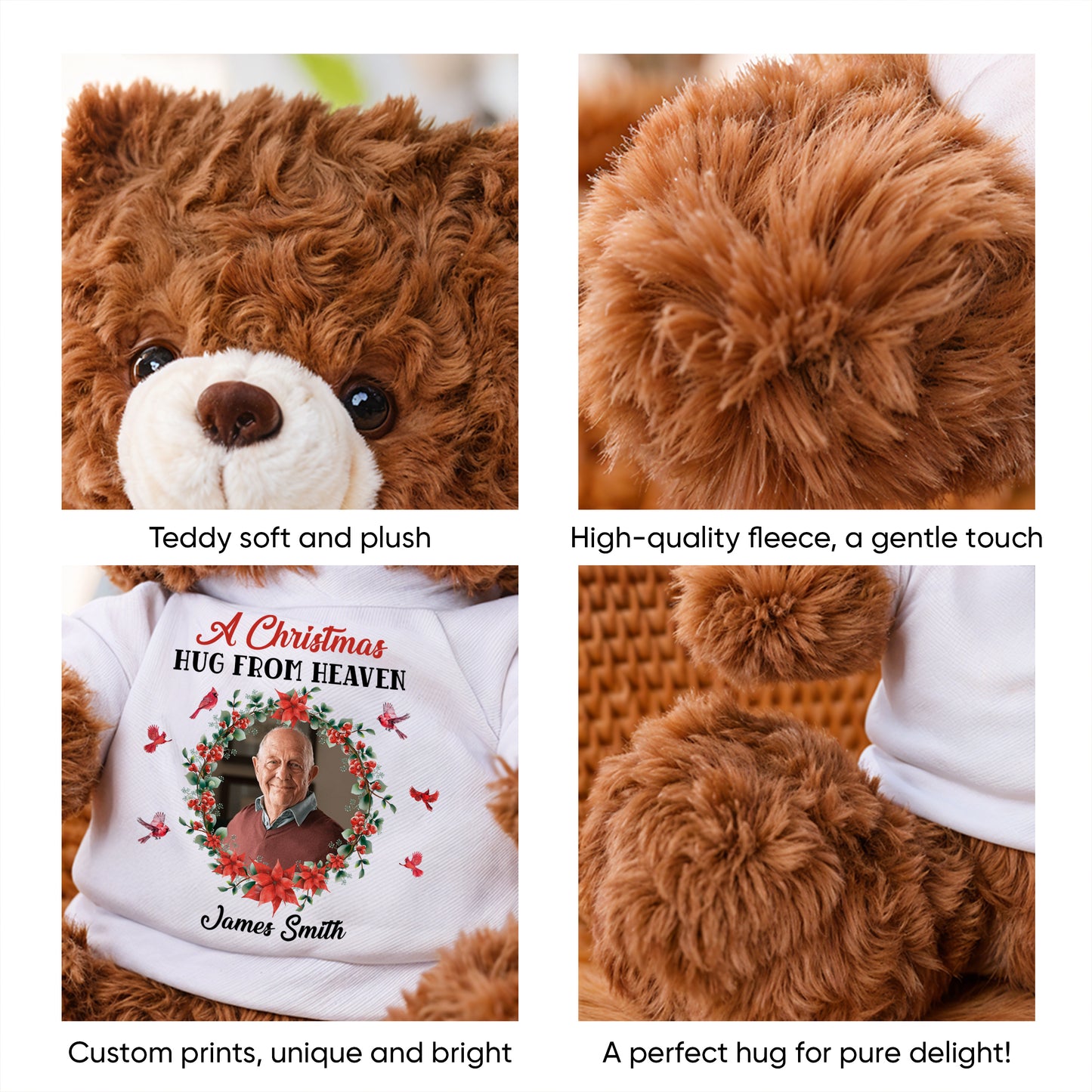 Personalized memorial teddy bear with custom name and "When You're Feeling Blue" message.