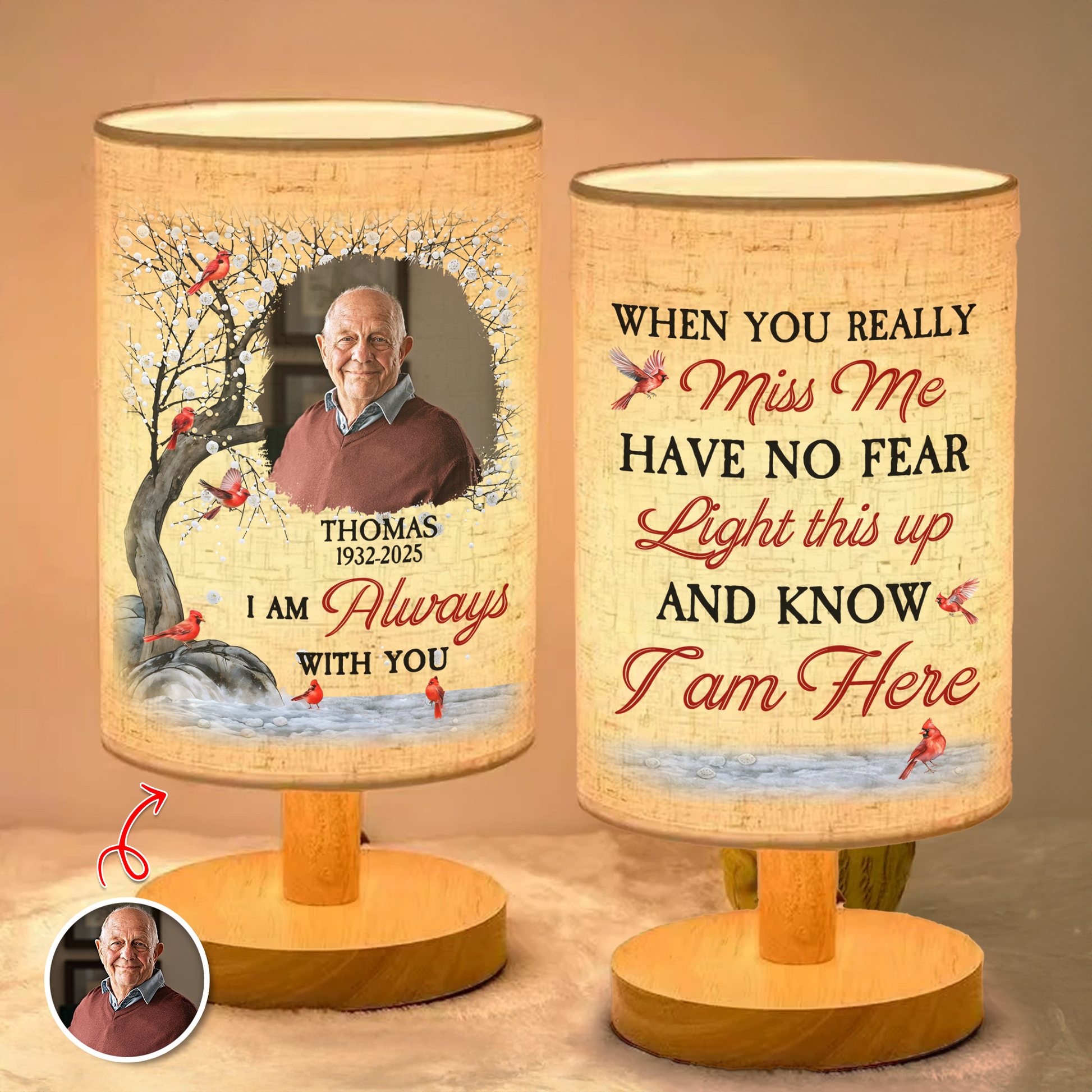 Personalized memorial lamp with custom photo and "When You Miss Me" message.