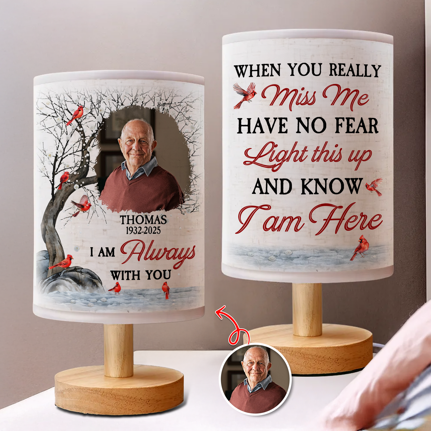 Personalized memorial lamp with custom photo and "When You Miss Me" message.