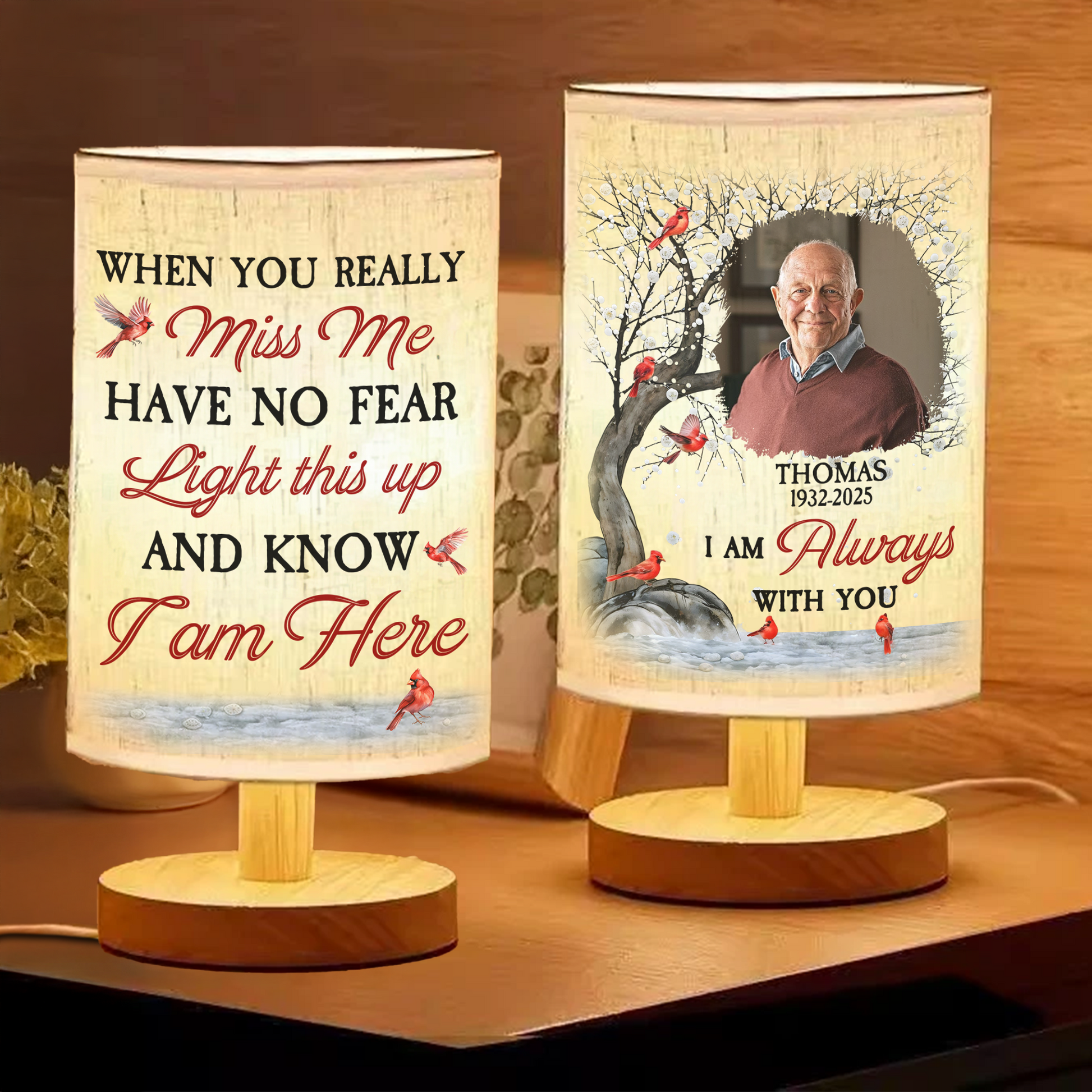 Personalized memorial lamp with custom photo and "When You Miss Me" message.