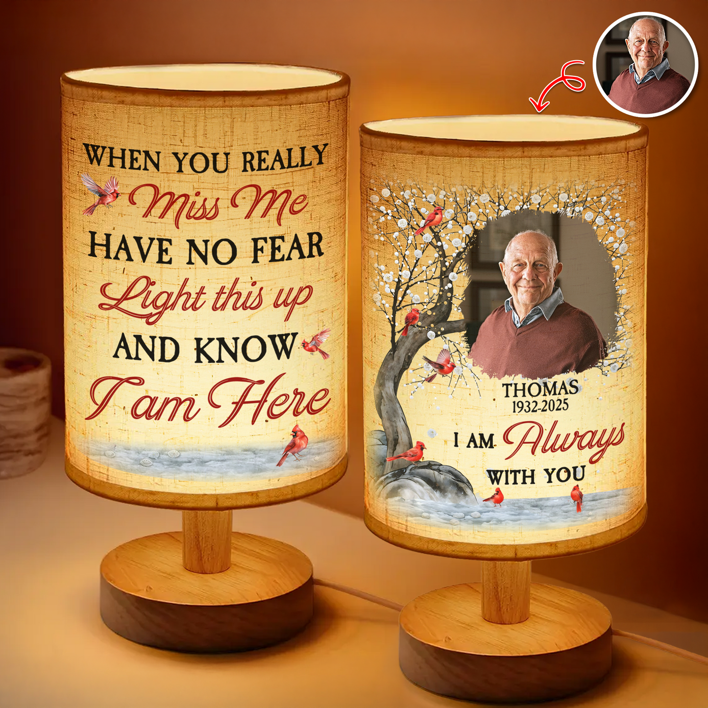 Personalized memorial lamp with custom photo and "When You Miss Me" message.