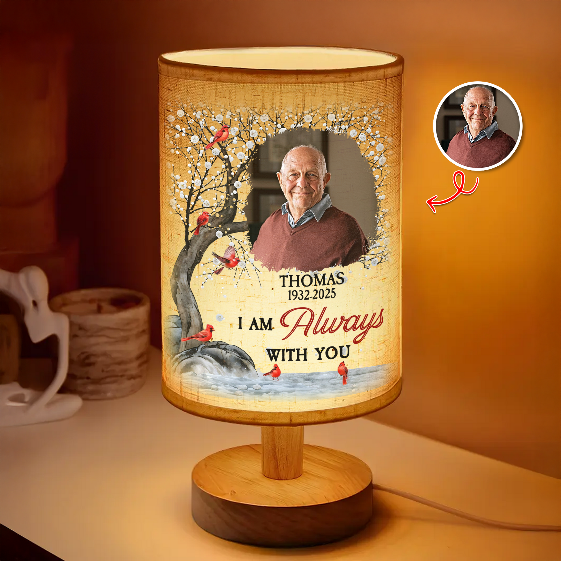 Personalized memorial lamp with custom photo and "When You Miss Me" message.