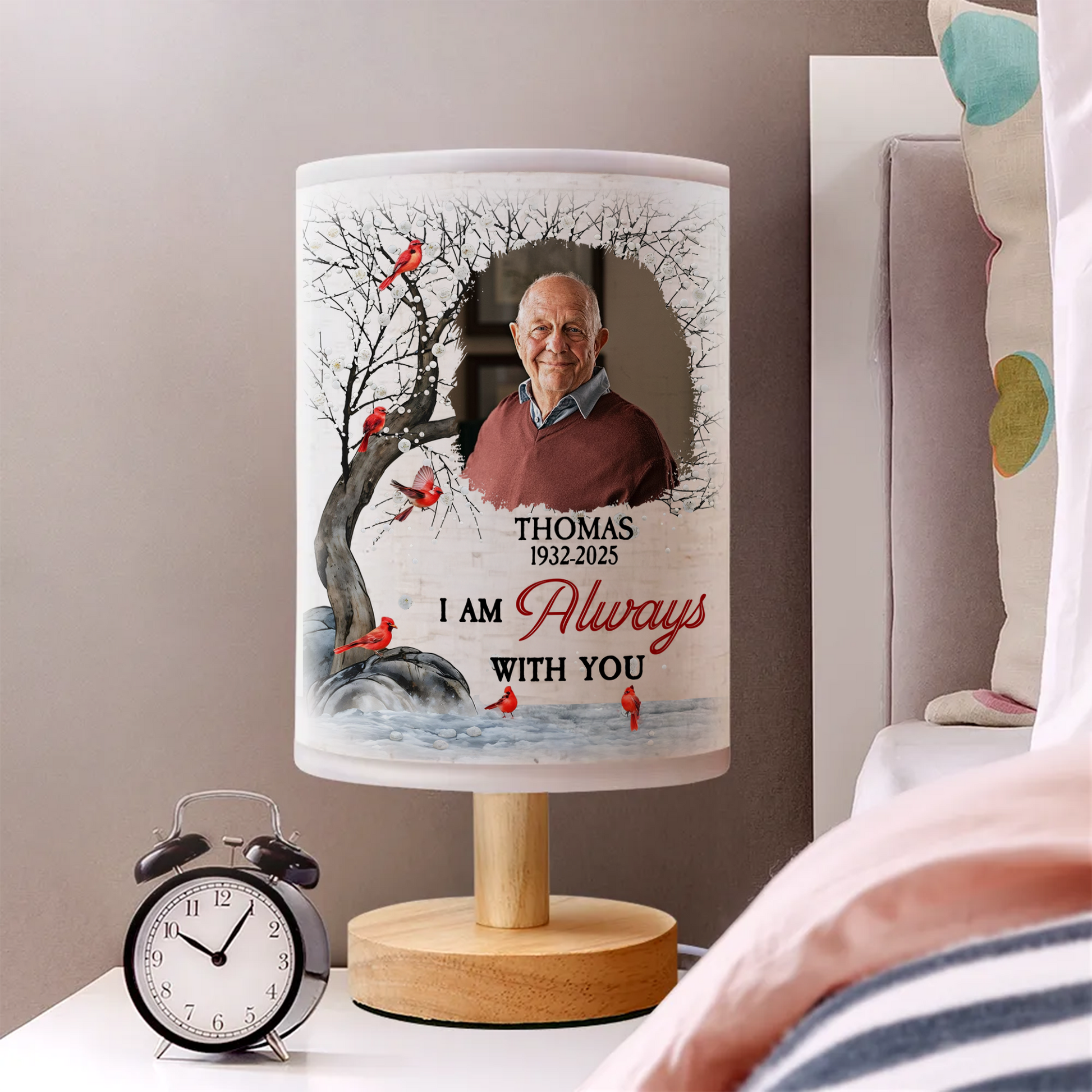 Personalized memorial lamp with custom photo and "When You Miss Me" message.