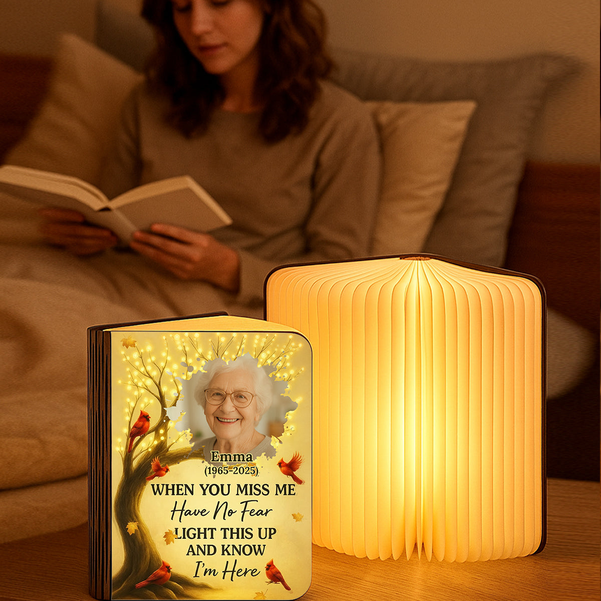 Personalized memorial book lamp with custom text. Unique remembrance gift.
