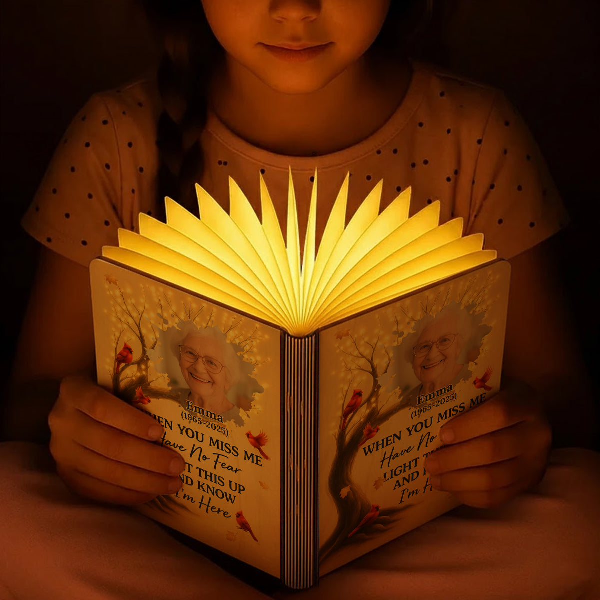 Personalized memorial book lamp with custom text. Unique remembrance gift.