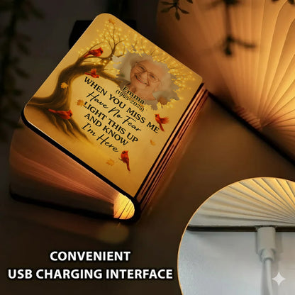 Personalized memorial book lamp with custom text. Unique remembrance gift.