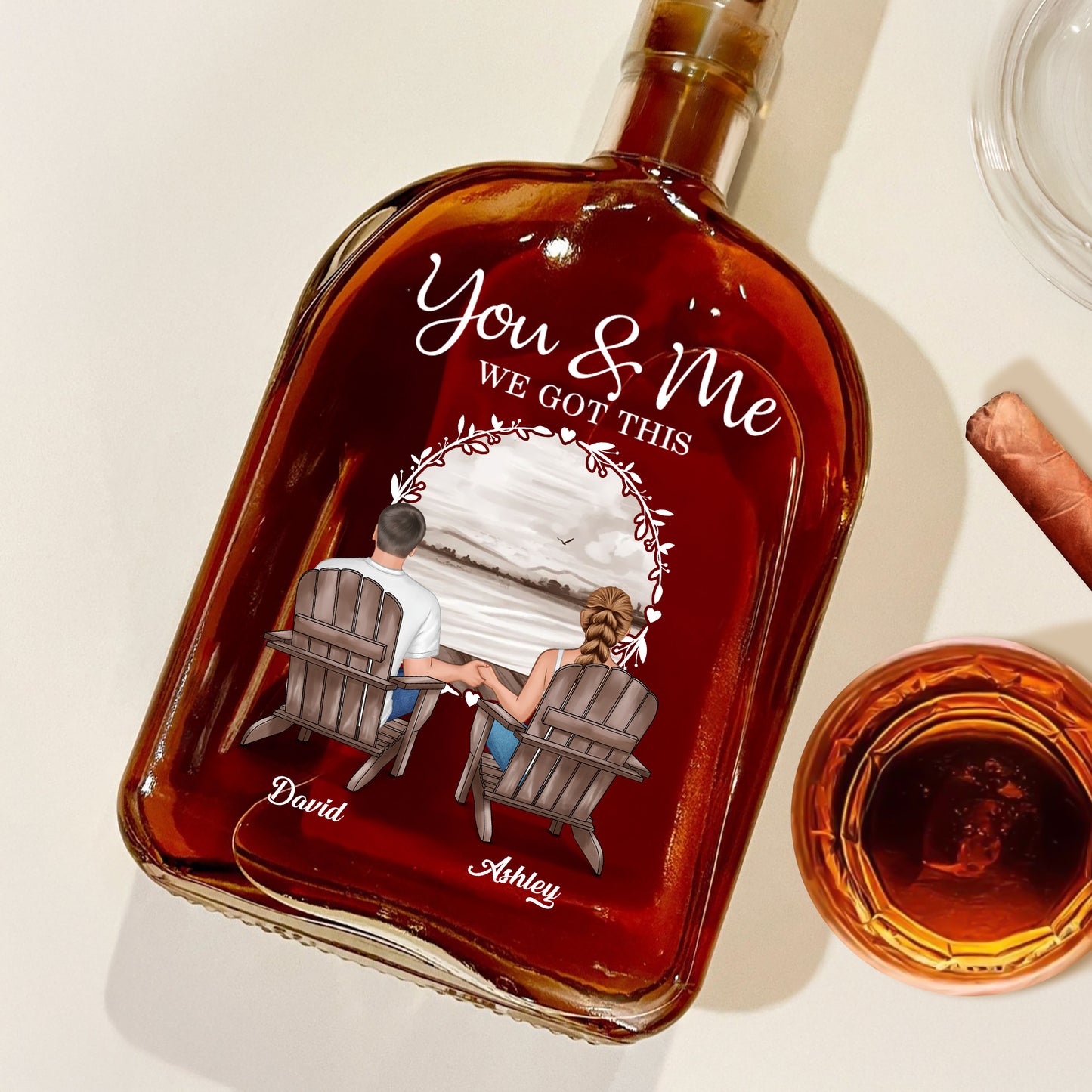 Personalized whiskey bottle for family, featuring "You & Me, We Got This" design.