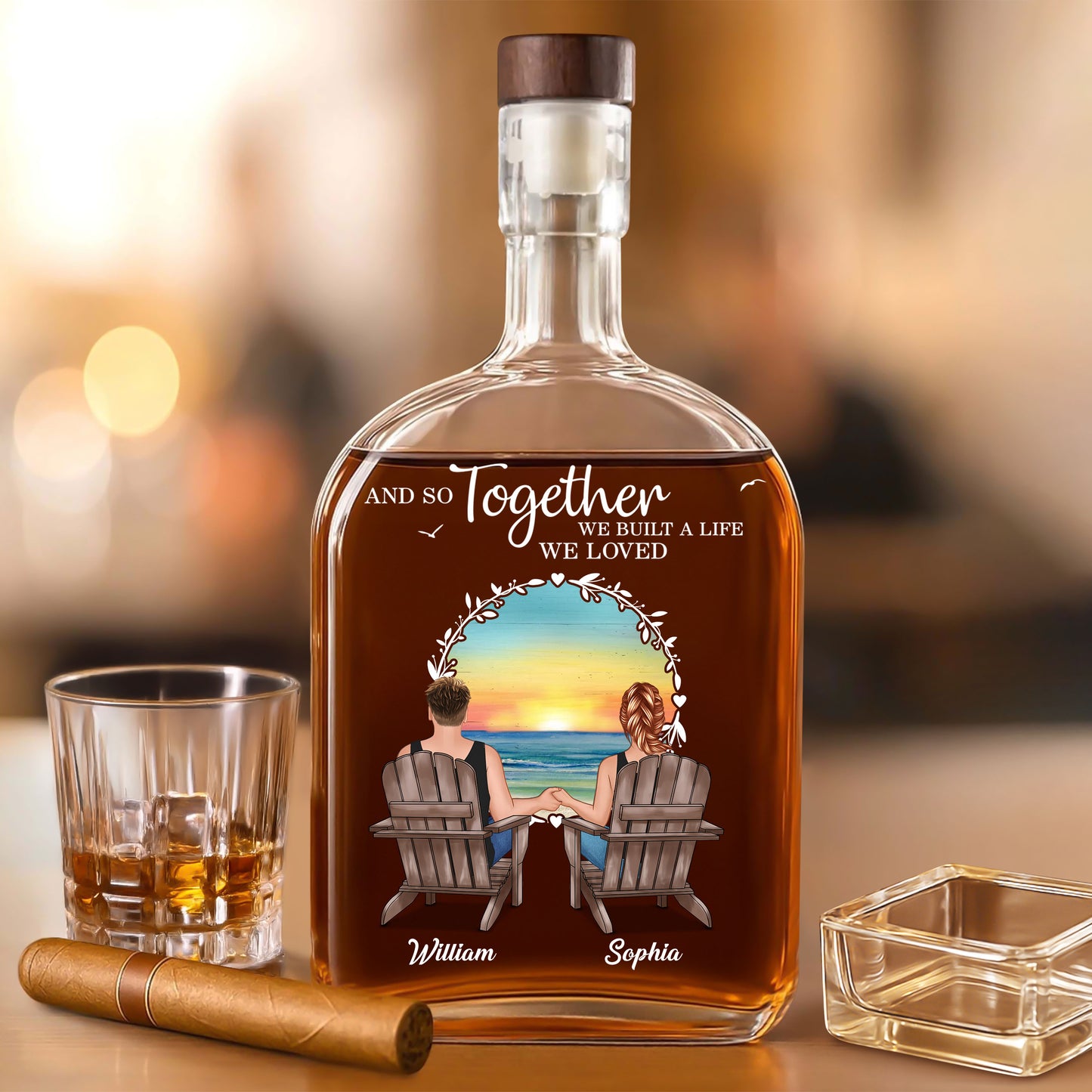 Personalized whiskey bottle for family, featuring "You & Me, We Got This" design.