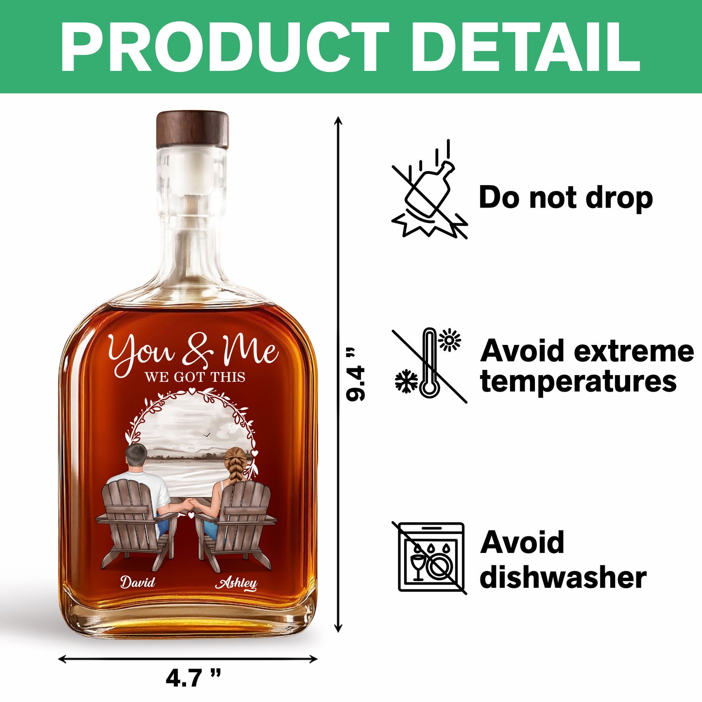 Personalized whiskey bottle for family, featuring "You & Me, We Got This" design.