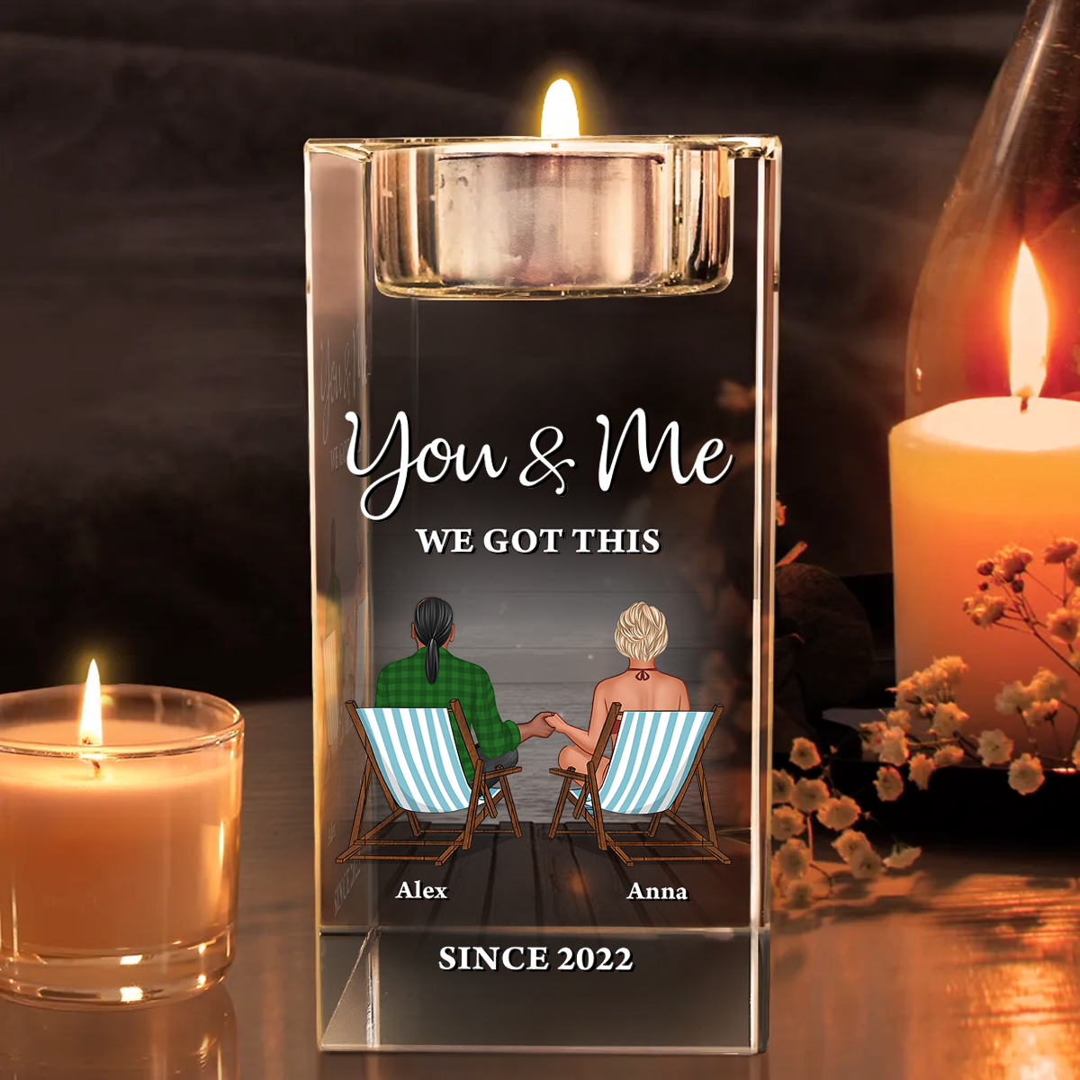 Personalized crystal candle holder with "You and Me, We Got This" engraving, a romantic home decor gift.