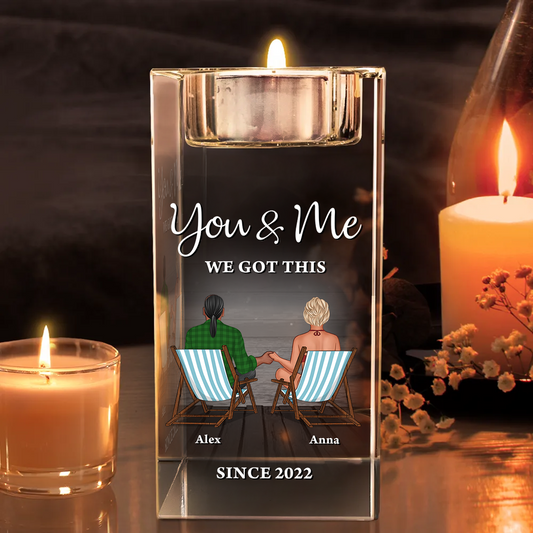Personalized crystal candle holder with "You and Me, We Got This" engraving, a romantic home decor gift.