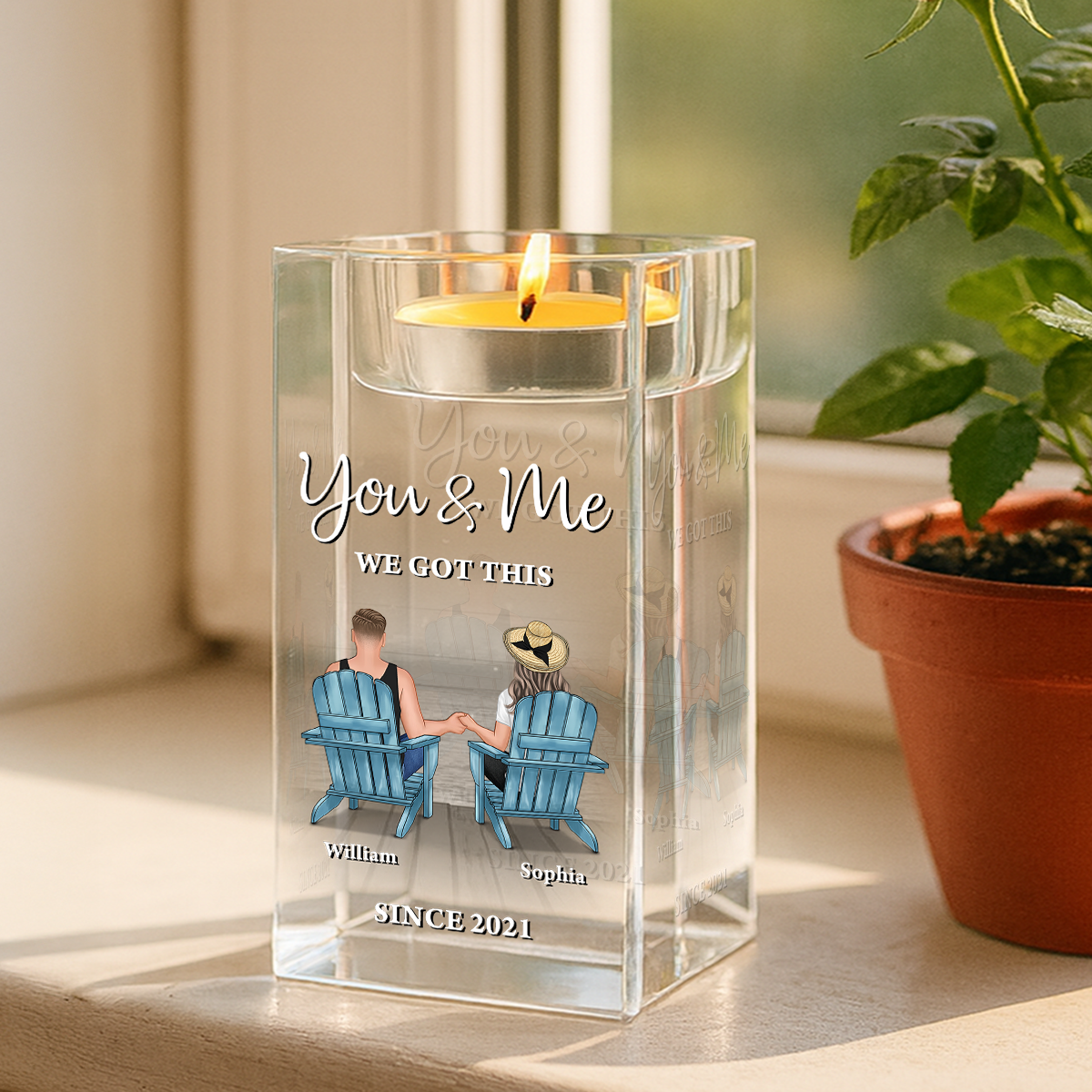 Personalized crystal candle holder with "You and Me, We Got This" engraving, a romantic home decor gift.