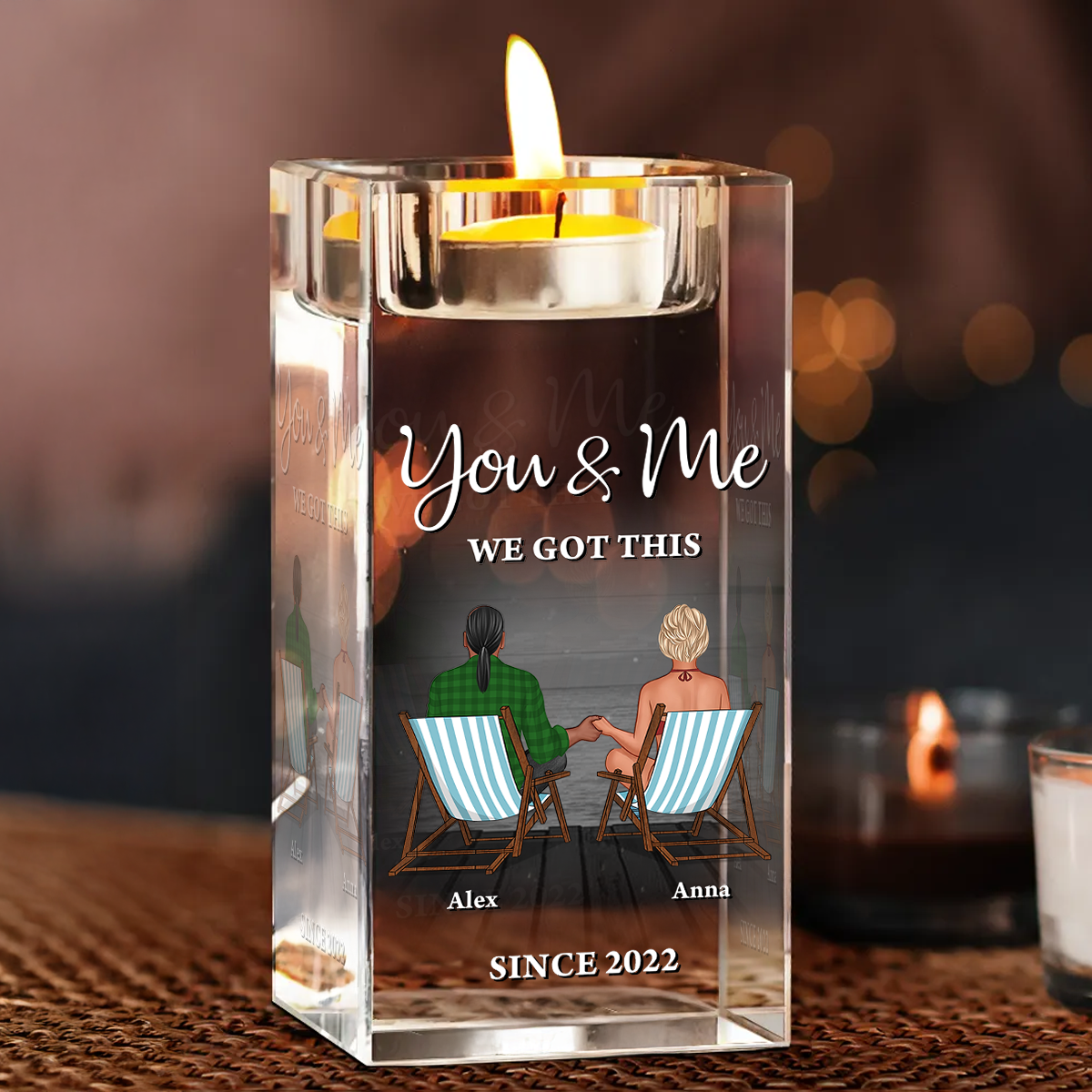 Personalized crystal candle holder with "You and Me, We Got This" engraving, a romantic home decor gift.