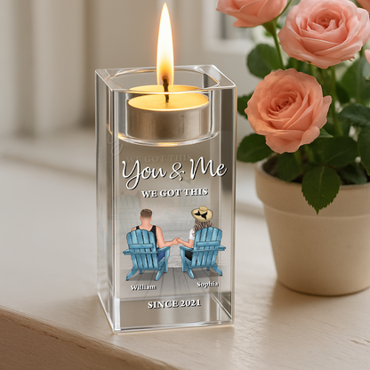 Personalized crystal candle holder with "You and Me, We Got This" engraving, a romantic home decor gift.