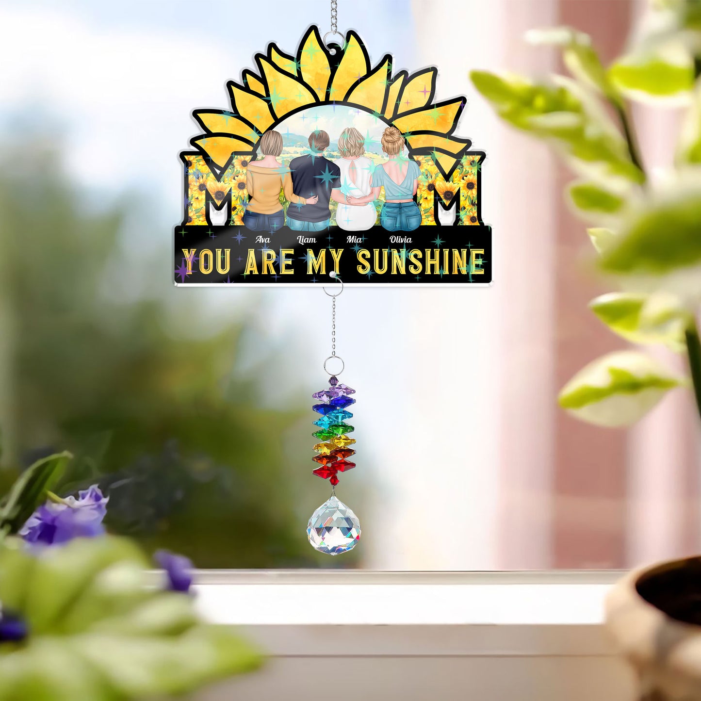 Personalized Crochet Flower Lamp shaped like a smiling sun, casting a warm glow.