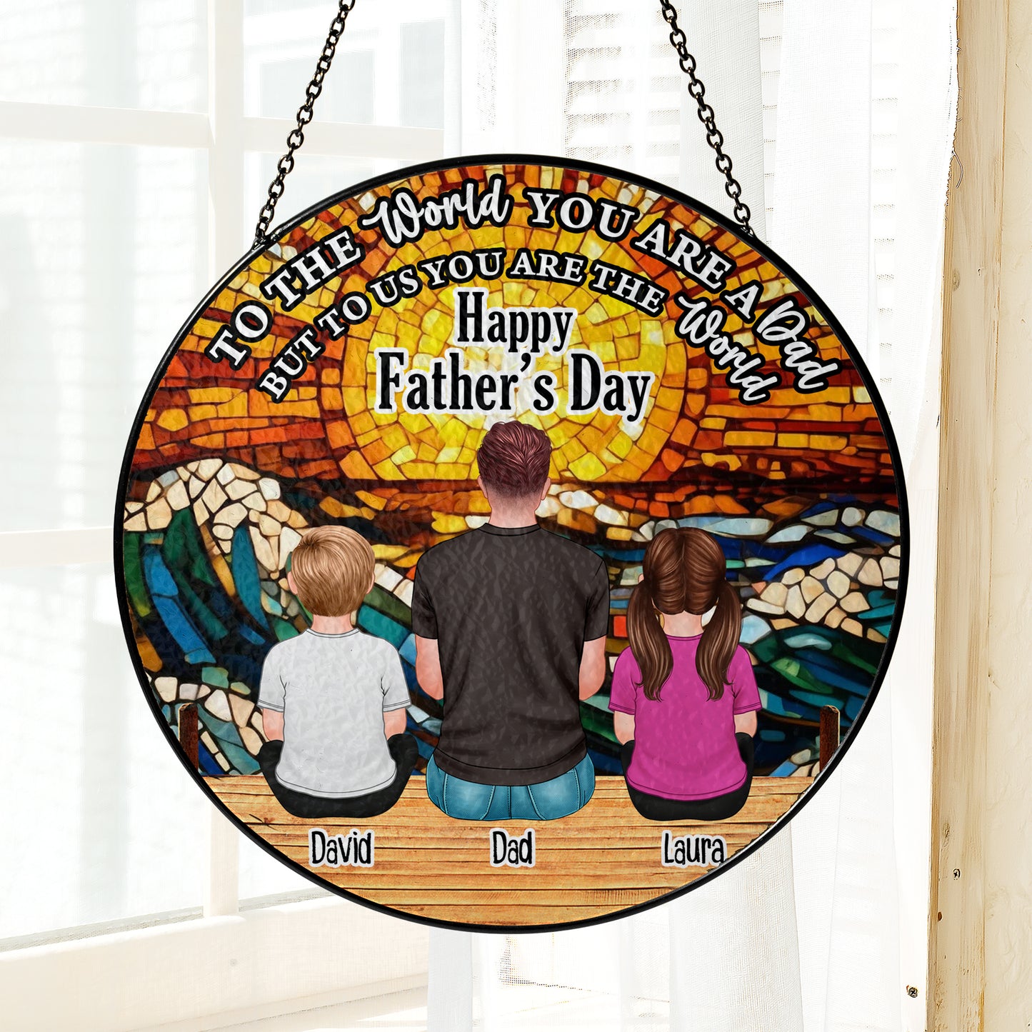 Personalized photo stained glass suncatcher. "You Are Our World" custom window hanging gift.